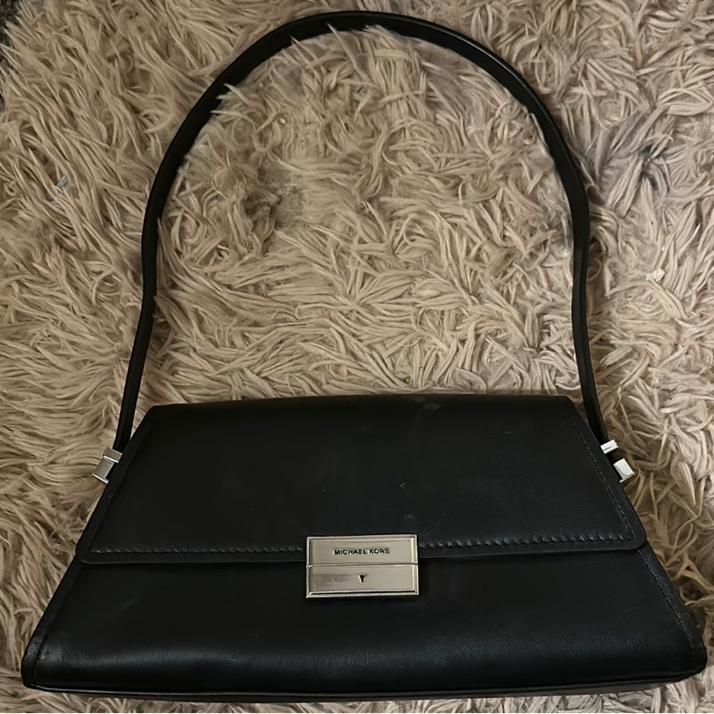 Michael Kors Black Textured Shoulder Bag with Flap Closure